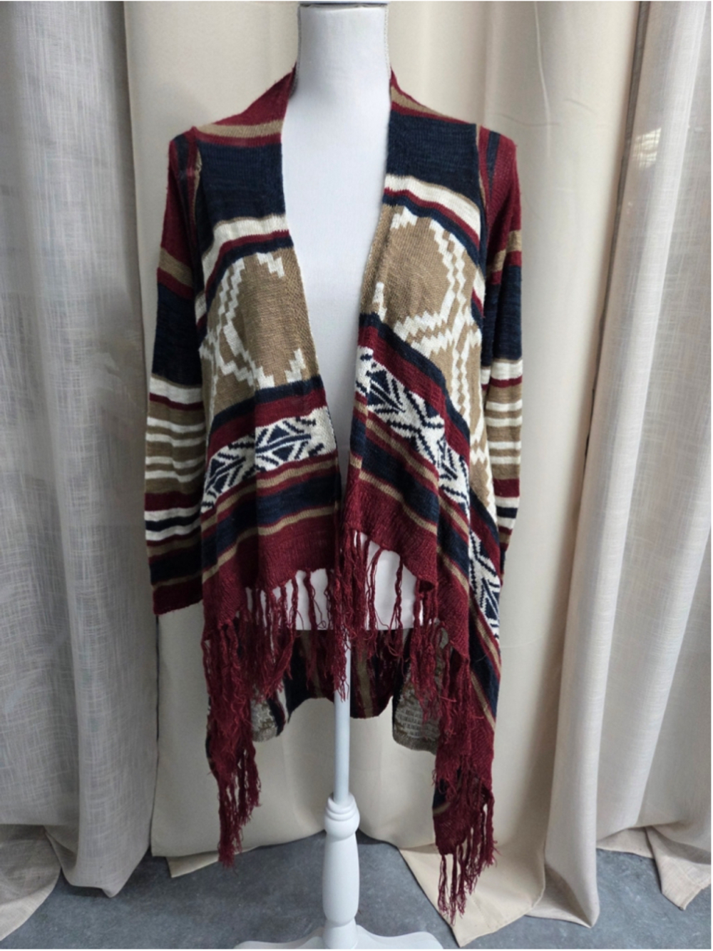 No Boundaries Southwestern Earthy Tan Fringe Aztec Cardigan Boho Size 11-13